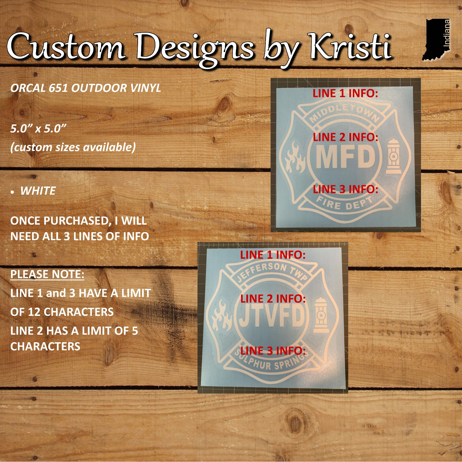 Custom Fire Department Decal(s) – Oracal 651 Outdoor Vinyl – 5.0" x 5.0"