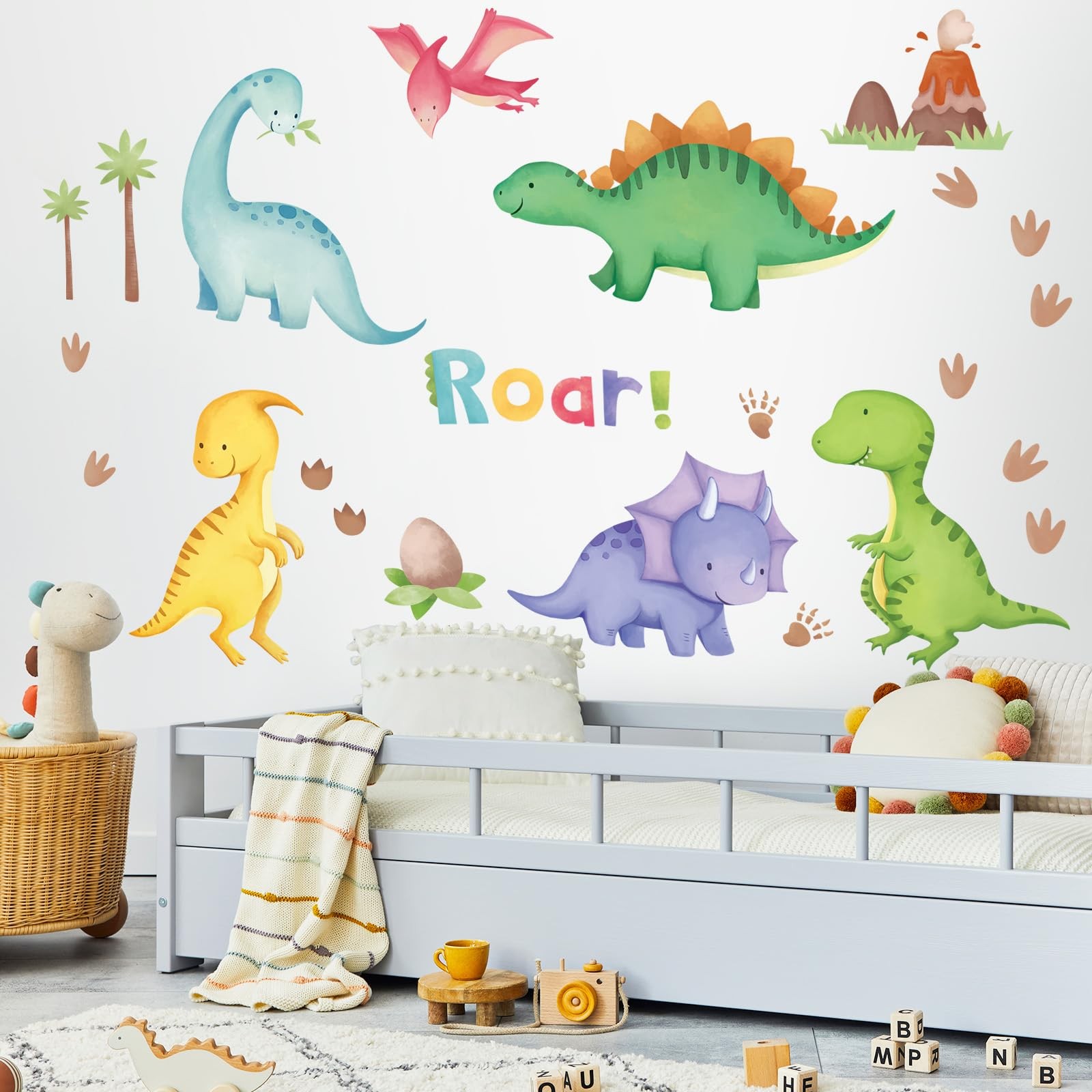 Watercolor Dinosaur Wall Decals Peel and Stick, Vinyl Dino Wall Sticker, Wall…