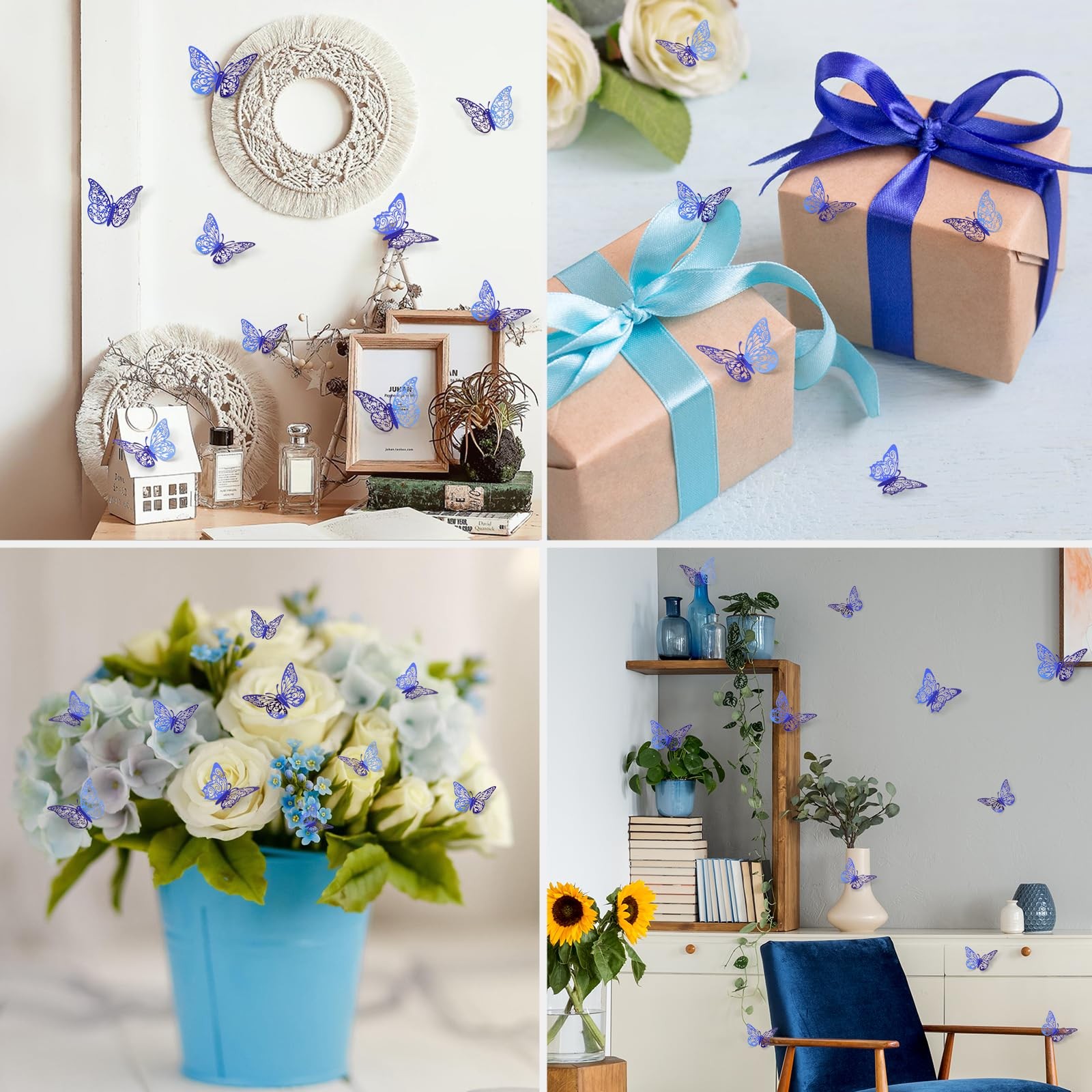 72 Pcs Butterfly Decorations, 3 Sizes 3 Styles, 3D Wall Decor, Blue