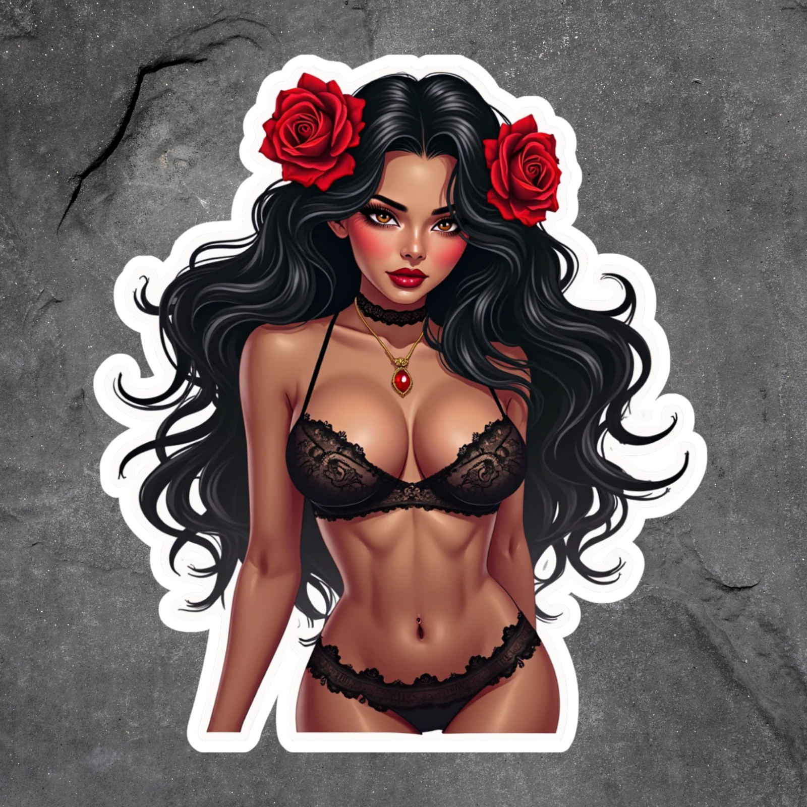 Pinup girl sticker vinyl decal black lingerie with roses red rose hair accessory