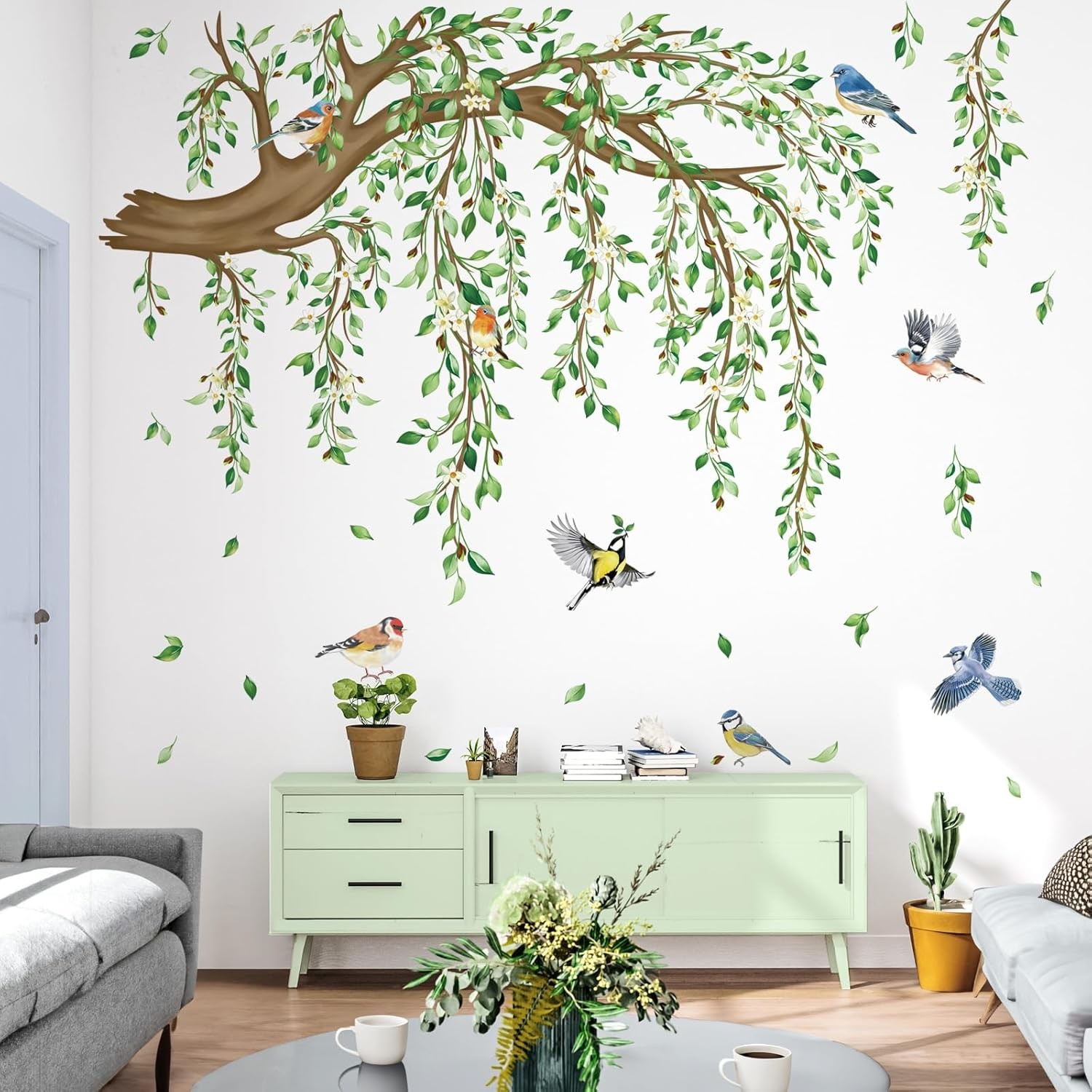 Large Hanging Vine Wall Stickers Tree Branch Green Leaf Flower Birds Wall Decals