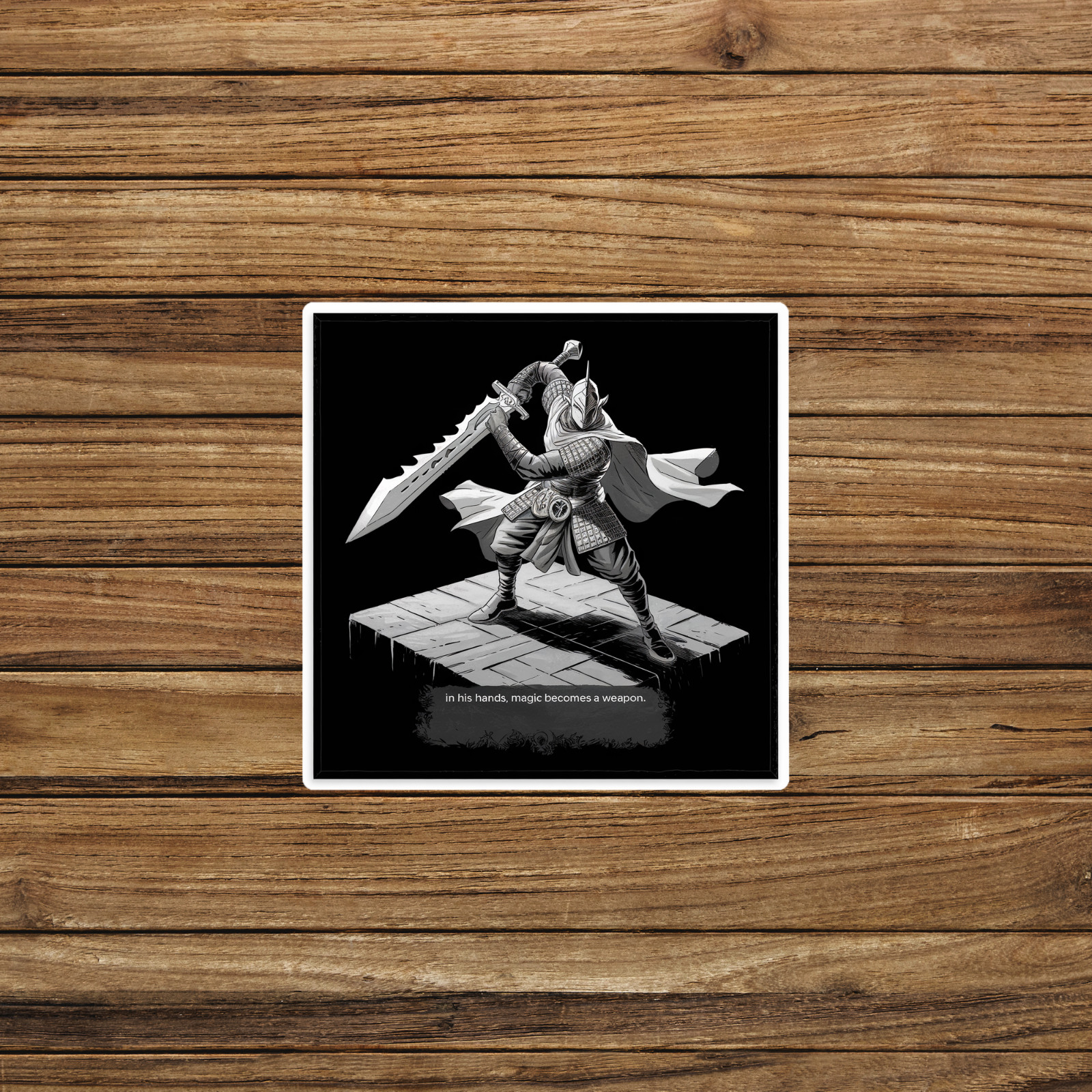 Fantasy Warrior with Swords & Magic – Inspiring Grayscale Illustration Sticker #