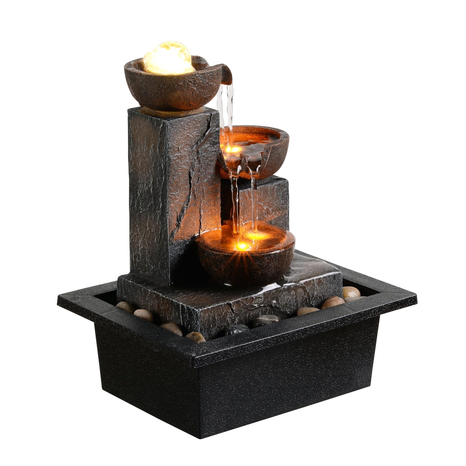 Three Bowls with Rotating Ball Flowing Tabletop Fountain Home Décor Indoor/