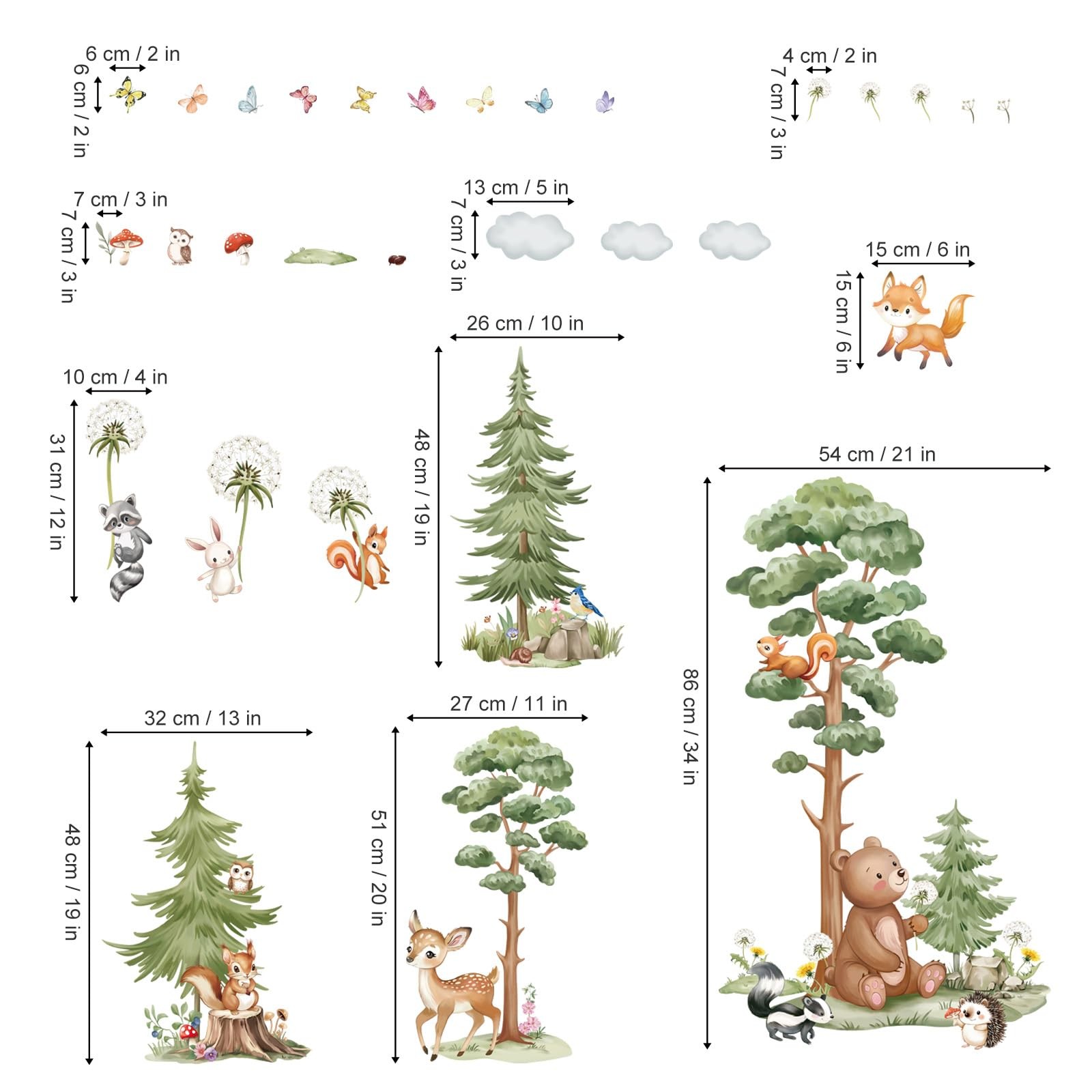 Large Woodland Animal Tree Wall Stickers Forest Animals Bear Deer Dandelion P…