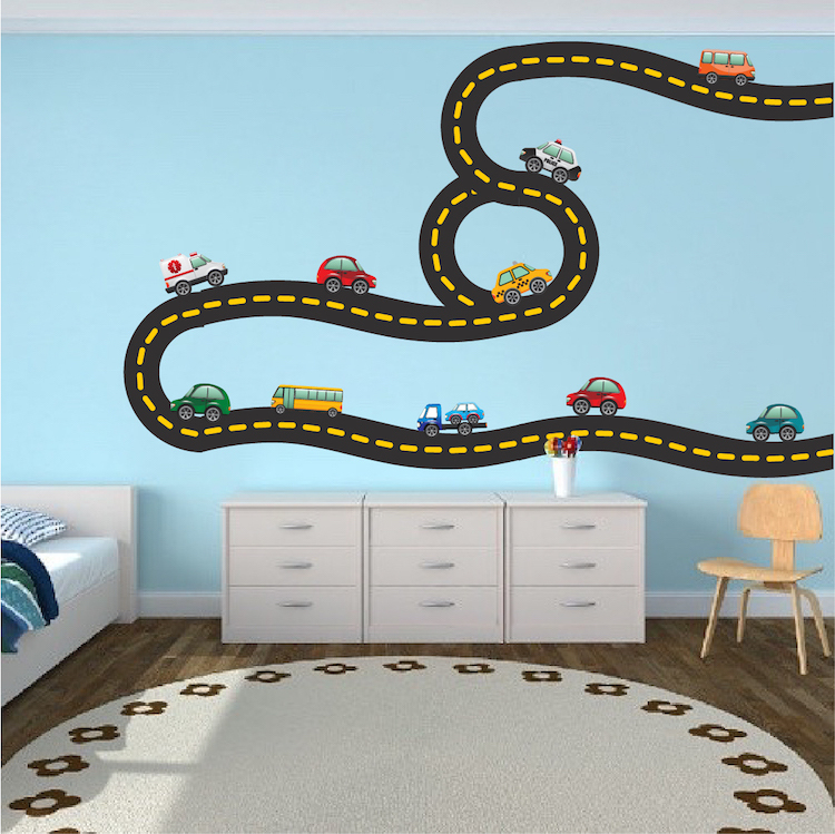 Cars And Racetrack Wall Decal Cartoon Race Track Car Mural Vinyl Hotwheels, b41