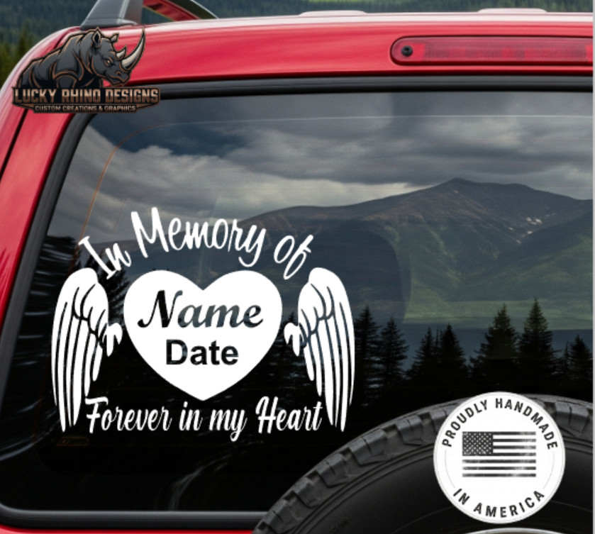 Memory Memorial Heart Wing Angel Custom Name Forever in our hearts Decal Sticker