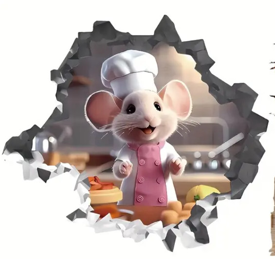 Rat Mouse Hole 6 Cheese Chef Wall Sticker Realistic Adhesive Decal Kitchen Room