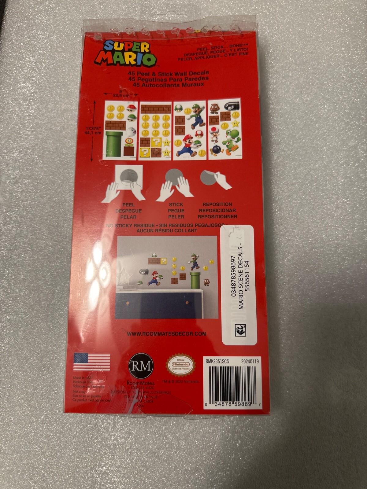 Nintendo SUPER MARIO WALL DECALS 45 Removable & Repositional Stickers RoomMates