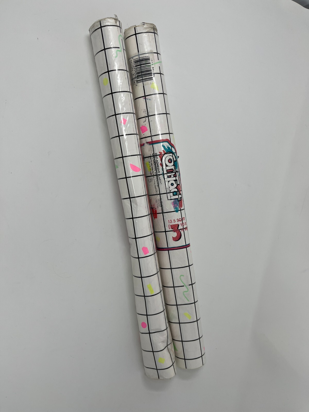 Vtg Con-tact Paper Self Adhesive Shelf Liner 80s Neon Geometric Grid Malibu 3yd