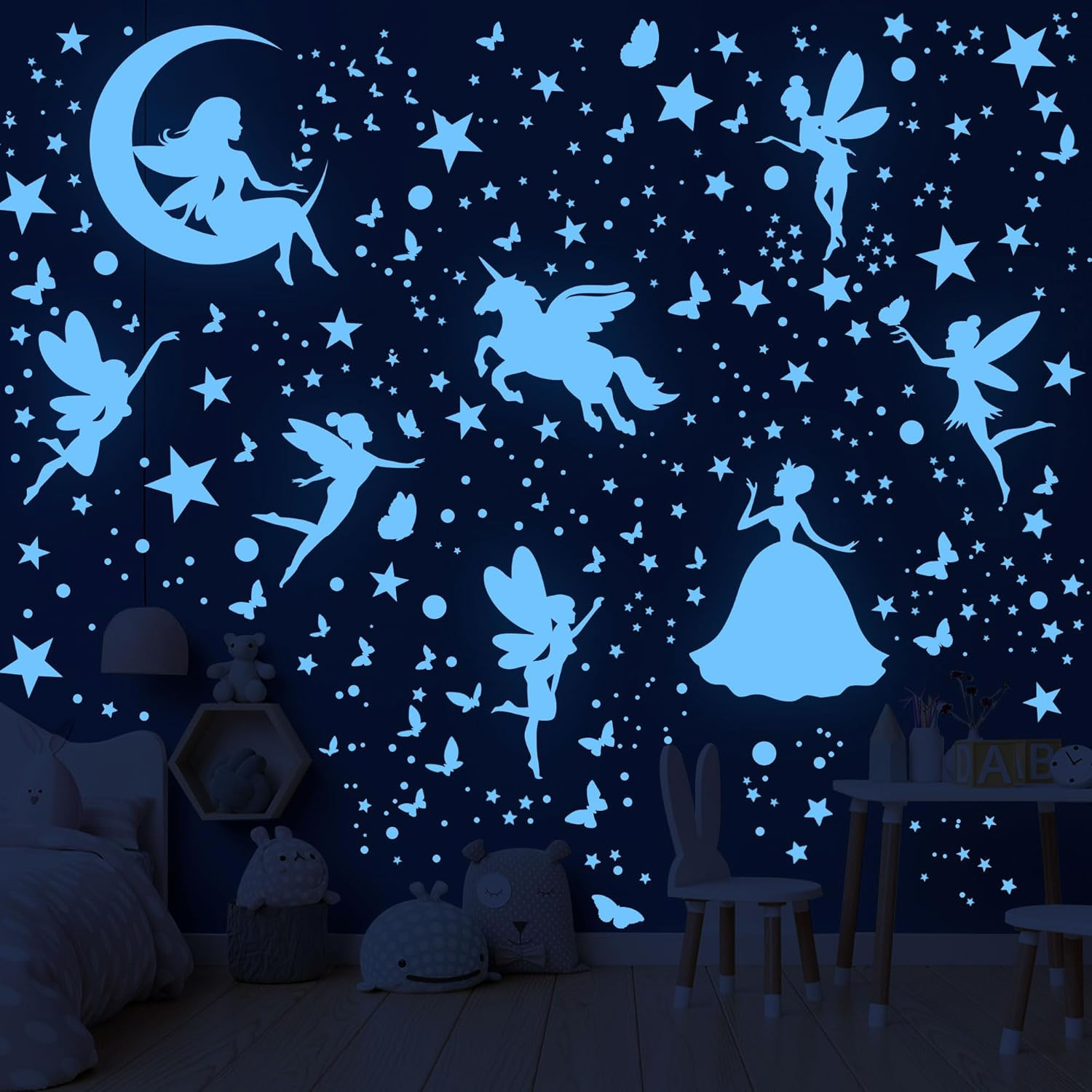 Glow in the Dark Stars Unicorn Bedroom Decor for Girls – Fairy Butterfly Wall De
