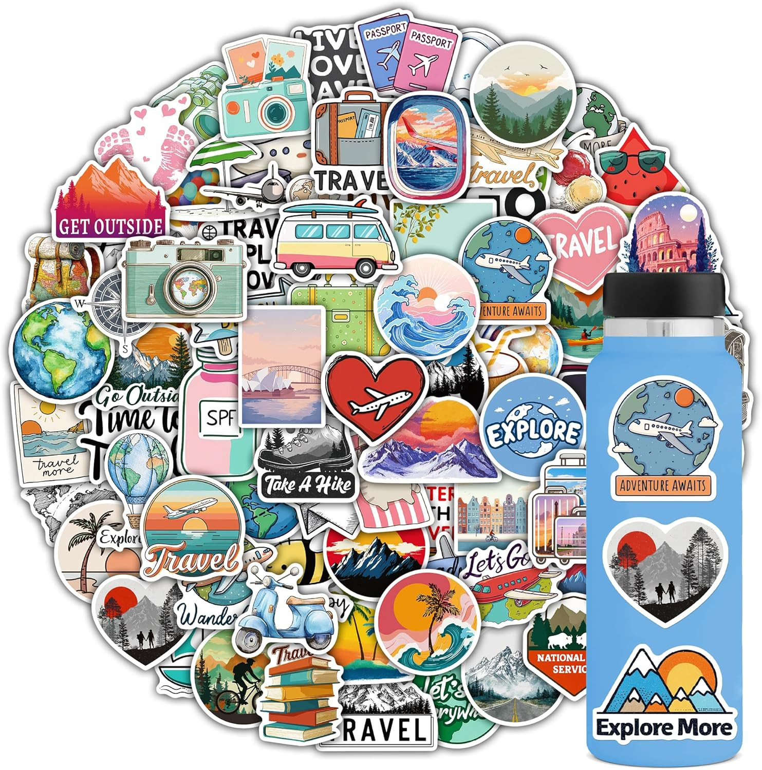 Adventure Travel Stickers 102PCS Waterproof Decals for Water Bottles and Bikes