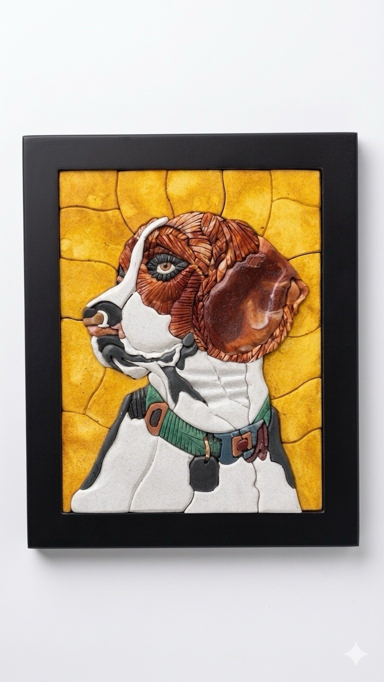 “Artisan Mosaic Dog Portrait – Unique Handmade Wall Decor”