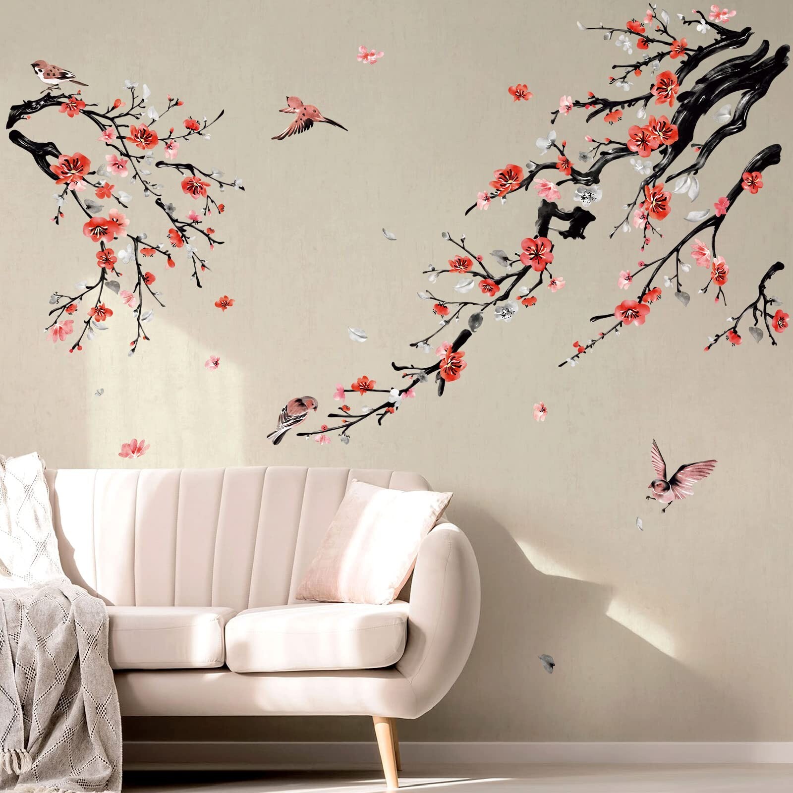 wondever Watercolor Flower Tree Branch Wall Stickers Blossom Red Floral Birds…