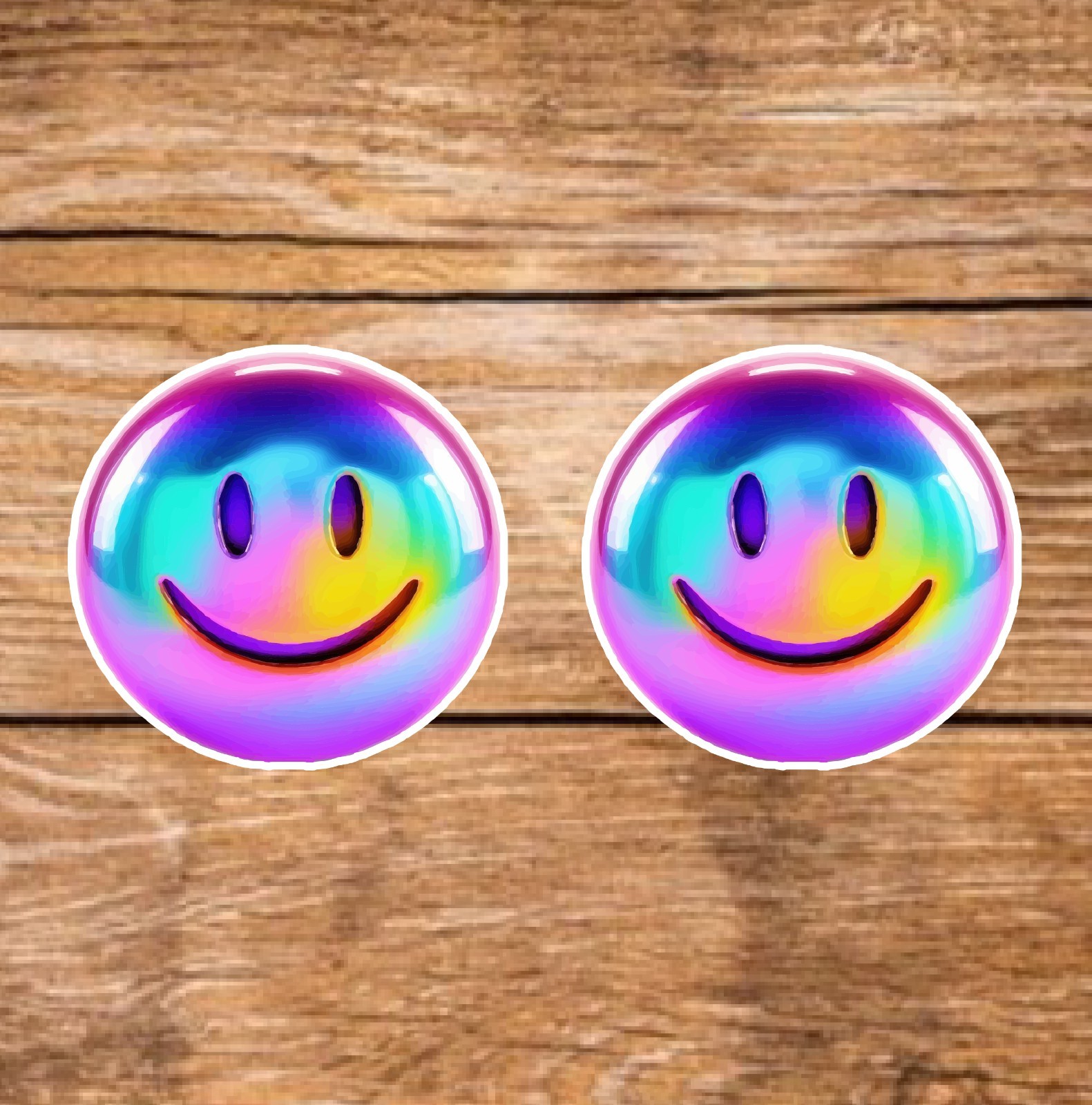 Multicolor Smiley Face (2 Stickers) 3.5in, Waterproof, Glossy Finish Vinyl.