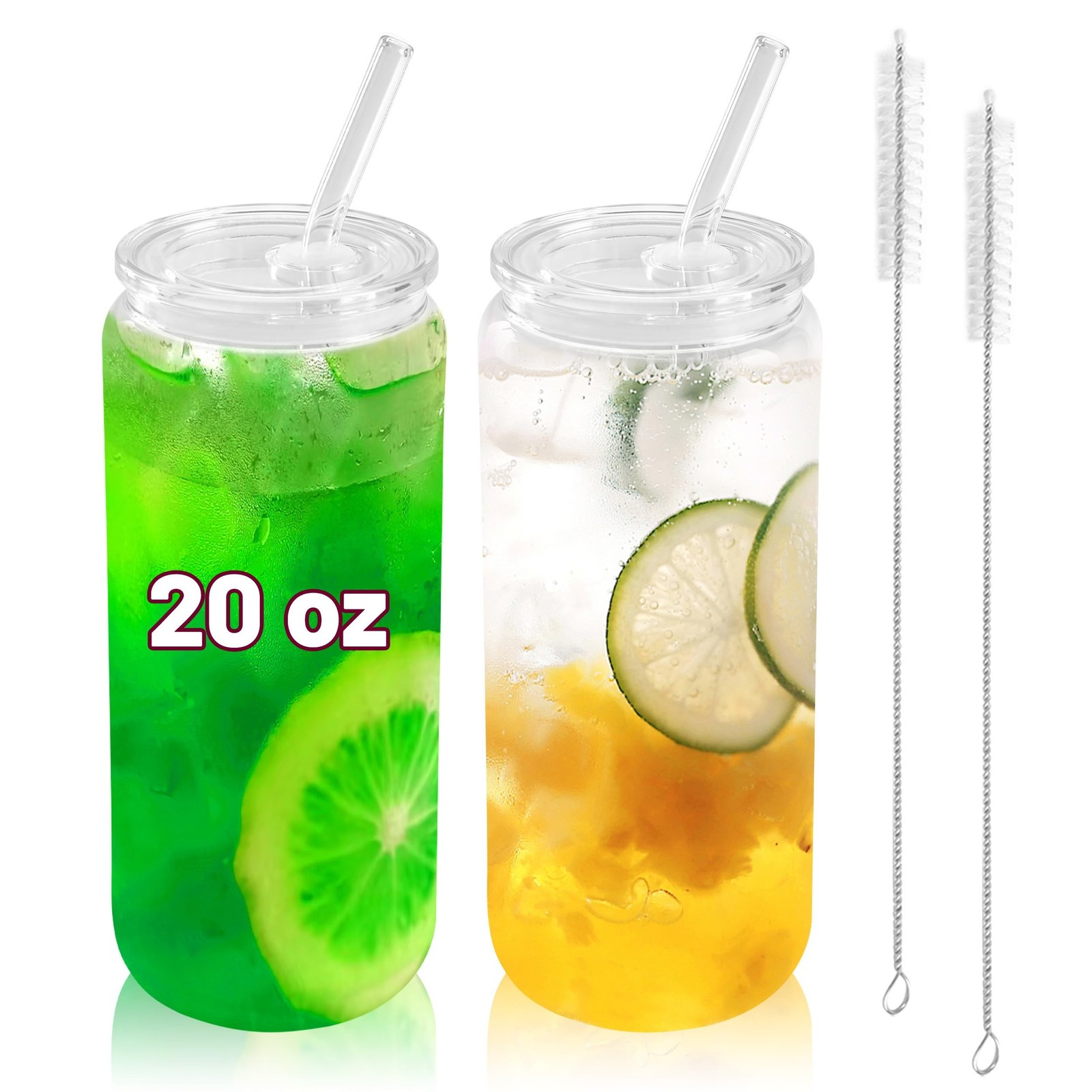Joyclub 20 oz Glass Cups with Acrylic Lids and Straws 2pcs Can Shaped Glass I…