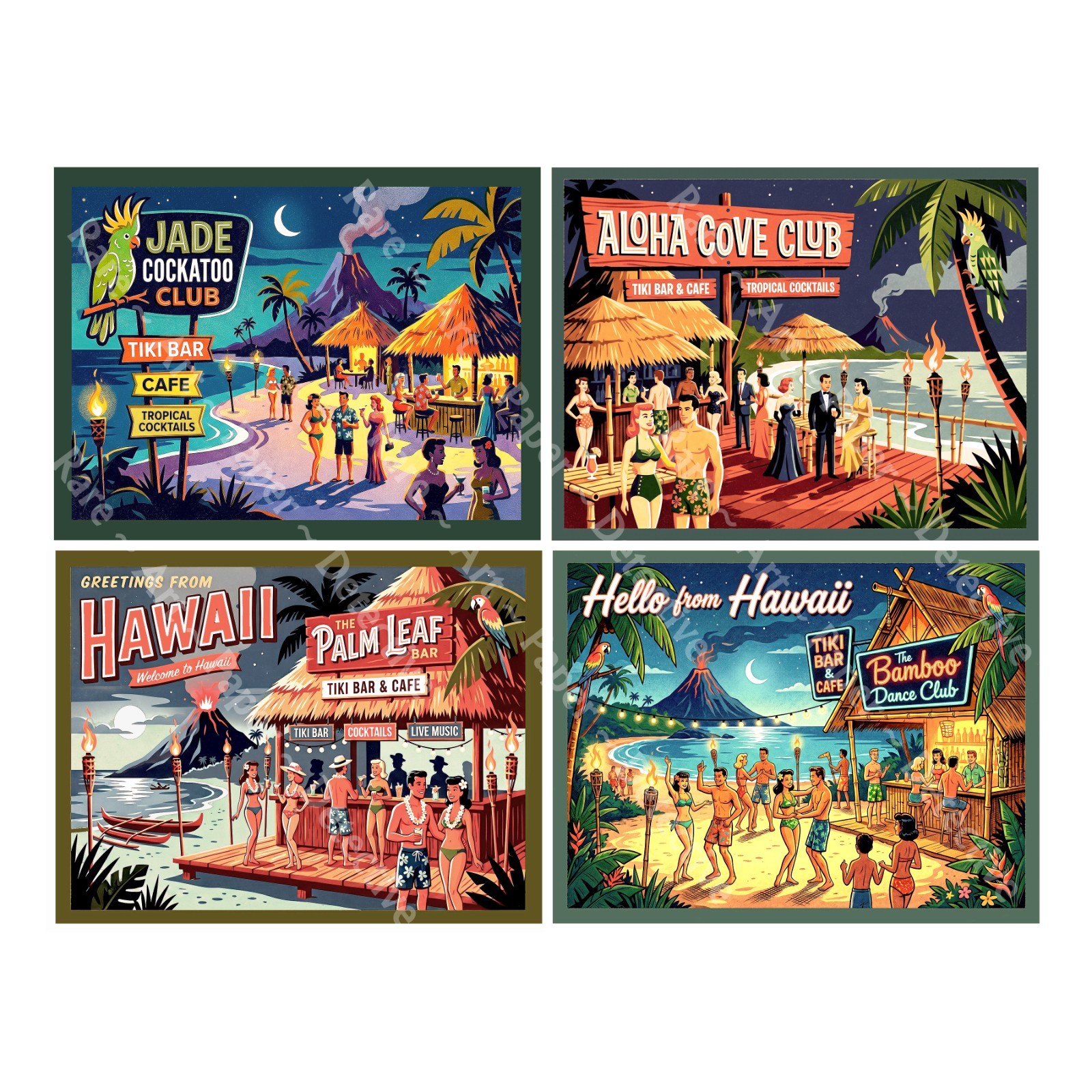 Hawaii Tropical Tiki Bar Stickers, Mid-Century Modern, 4 Labels on 1 Sheet, 1536
