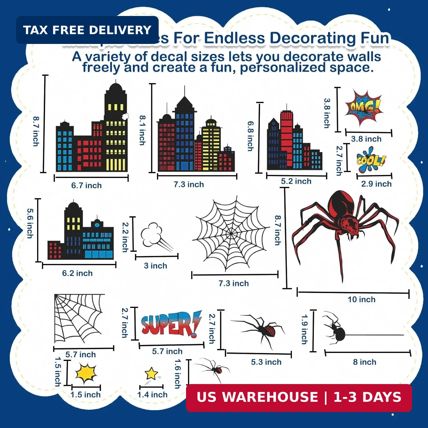 Superhero Wall Decor, Hero City Building Stars Stickers for Kids Boys, 70 Piece