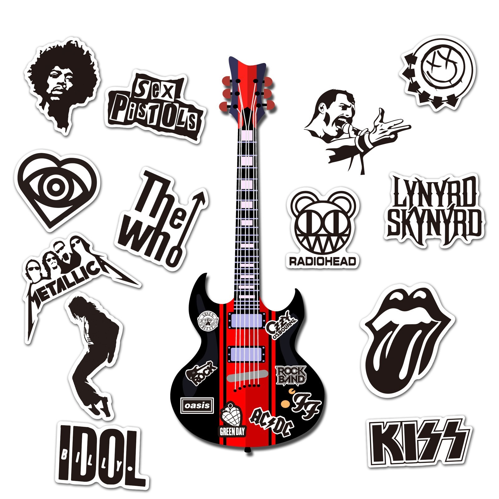 50 Bulk Heavy Metal Rock Band Stickers Decals for Laptops, Guitars, Skateboards