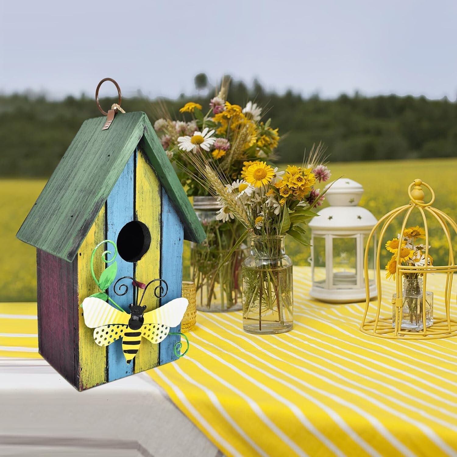 Wooden Decorative Birdhouse Hanging Bird House Hand Painted Birds Box Outdoor