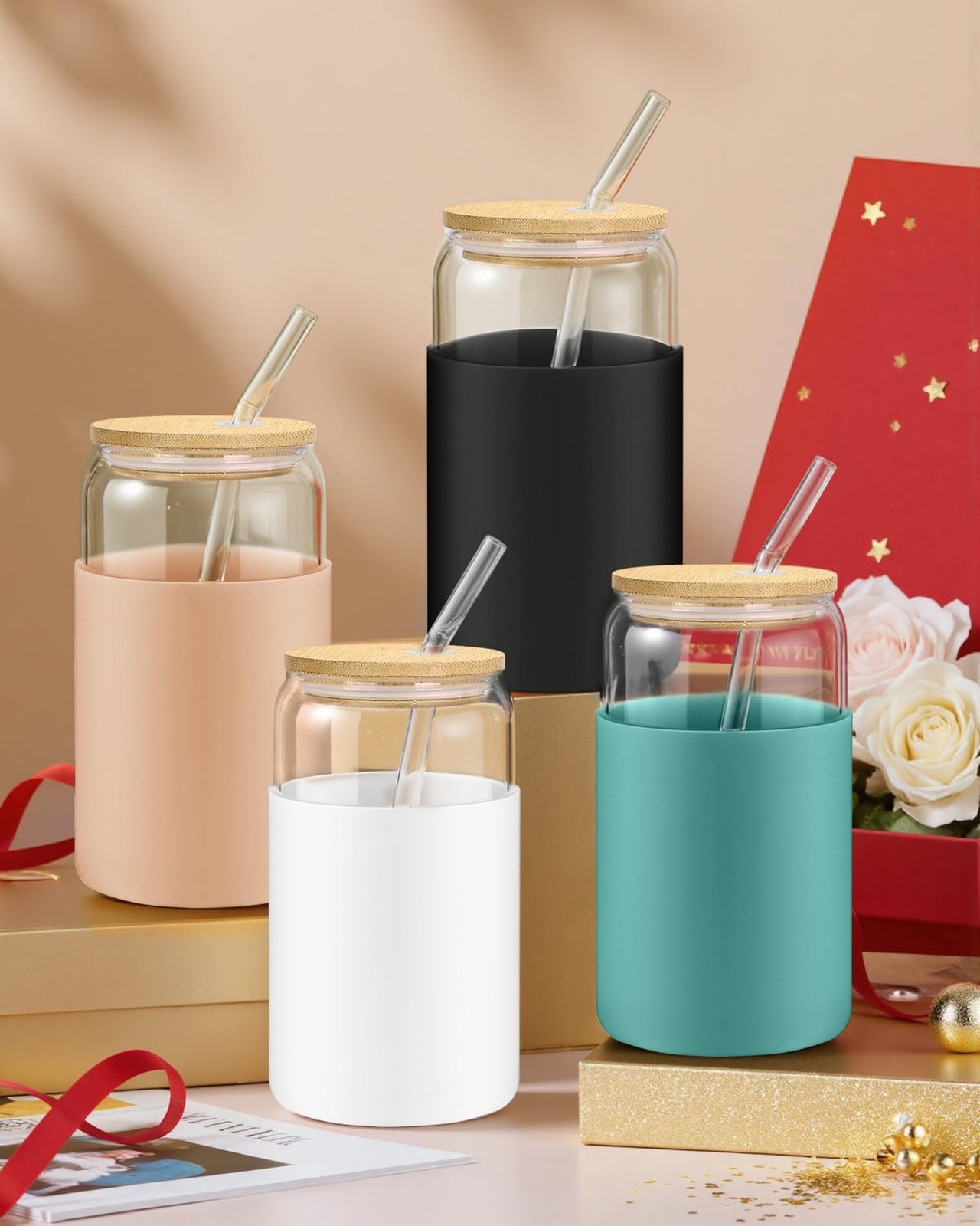 sungwoo Glass Cups with Lids and Straws, 4 Pack 16OZ Iced Coffee Cups with Si…