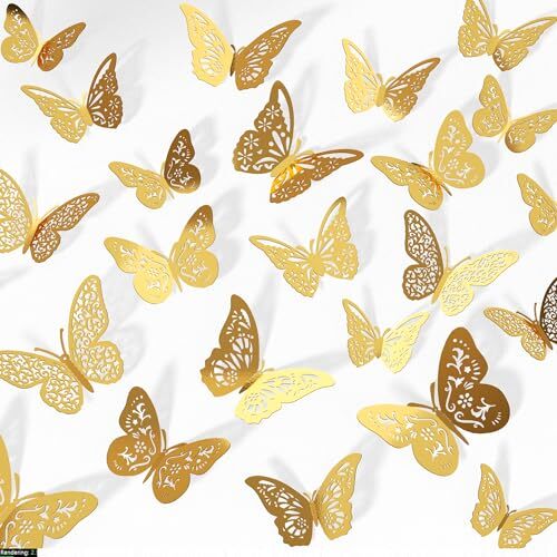Crosize 48 Pcs Butterfly Decorations, 4 Styles 3 Sizes, Butterfly Wall Gold