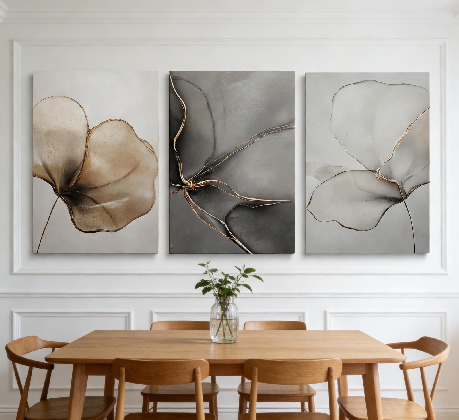 Abstract Floral Canvas Wall Art – Minimalist Gold Line Petal Picture Wall Dec…