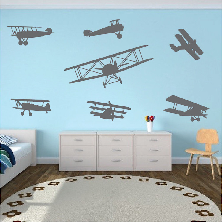 Airplanes Wall Decal Boy's Room Wallpaper Old School Planes Removable Vinyl, b18