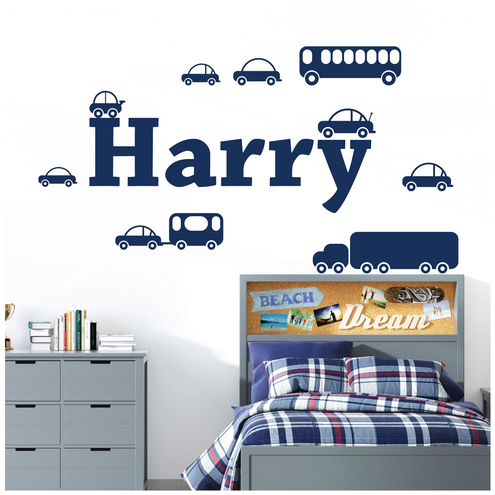 Personalised Name Cartoon Trucks Cars Wall Sticker – Boys Bedroom – Vinyl UK