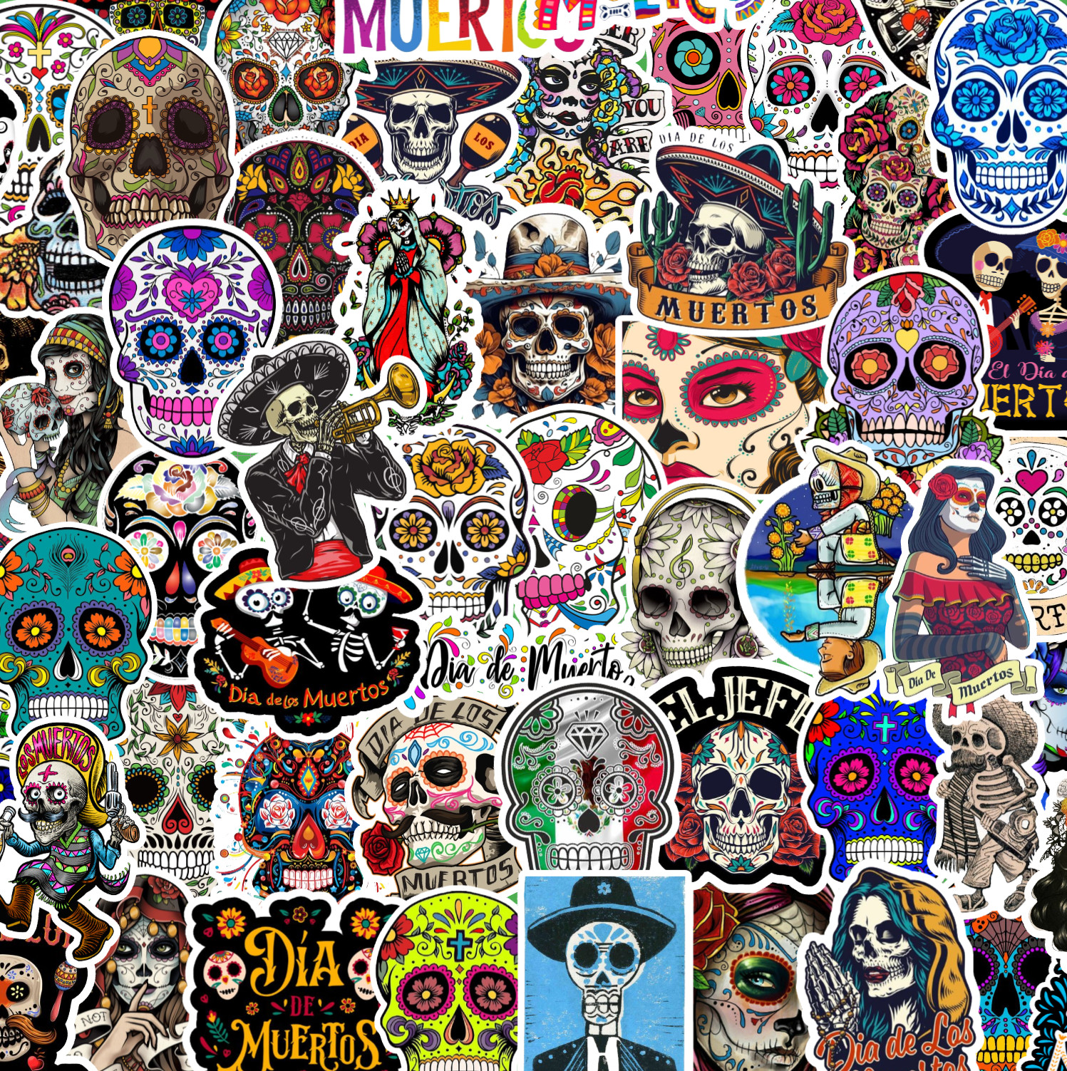 25/50 Day of the Dead Sticker Pack – Waterproof Vinyl – Sugar Skull Dia Muertos