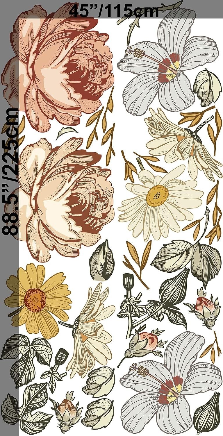 Kids Floral Wall Decal Soft Vintage Peony Flower Wall Sticker