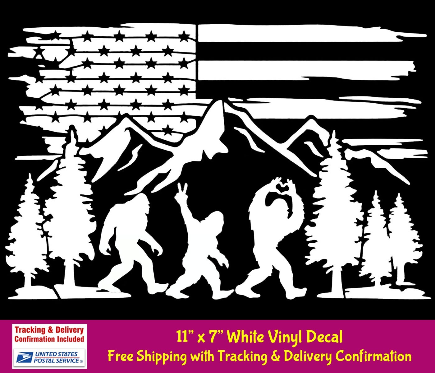 Bigfoot Sasquatch Having Fun American Flag Mountain Range 11" White Vinyl Decal