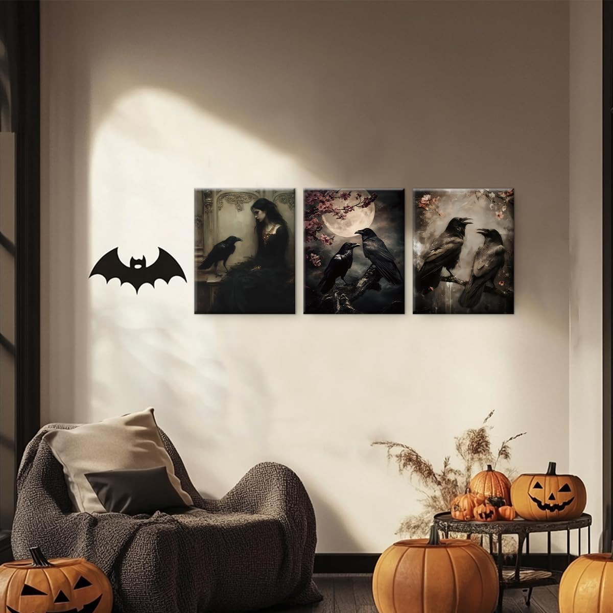3Pcs Gothic Raven Halloween Wall Art Prints Creepy Dark Moody Crow Posters Artwo