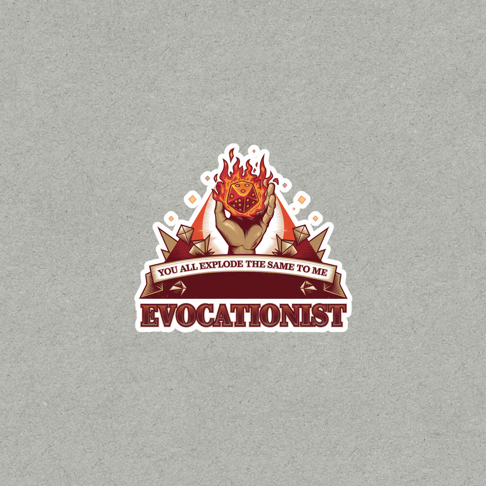 Evocationist Gamer Sticker – RPG D20 Dice Hand Holding Flame – Tabletop Gaming #