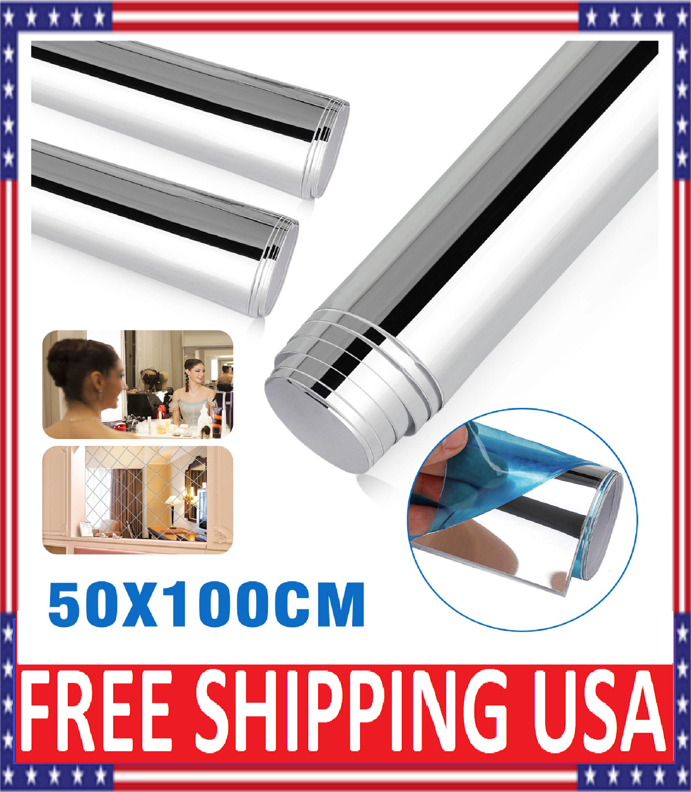 50x100cm Self Adhesive Mirror Reflective Wall Sticker Film Paper Kitchen Decor