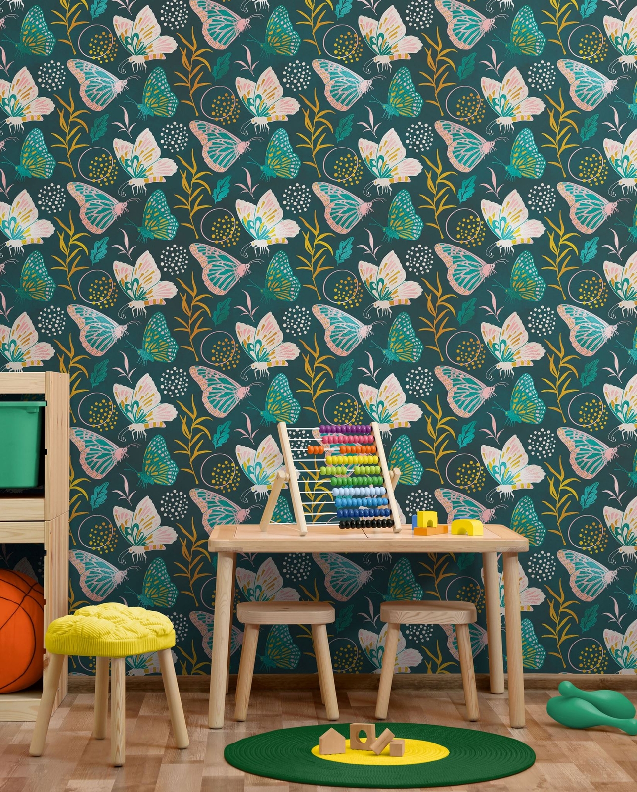 Butterfly Pattern Wall Mural. Retro Green and Gold Color Illustration Design. Be