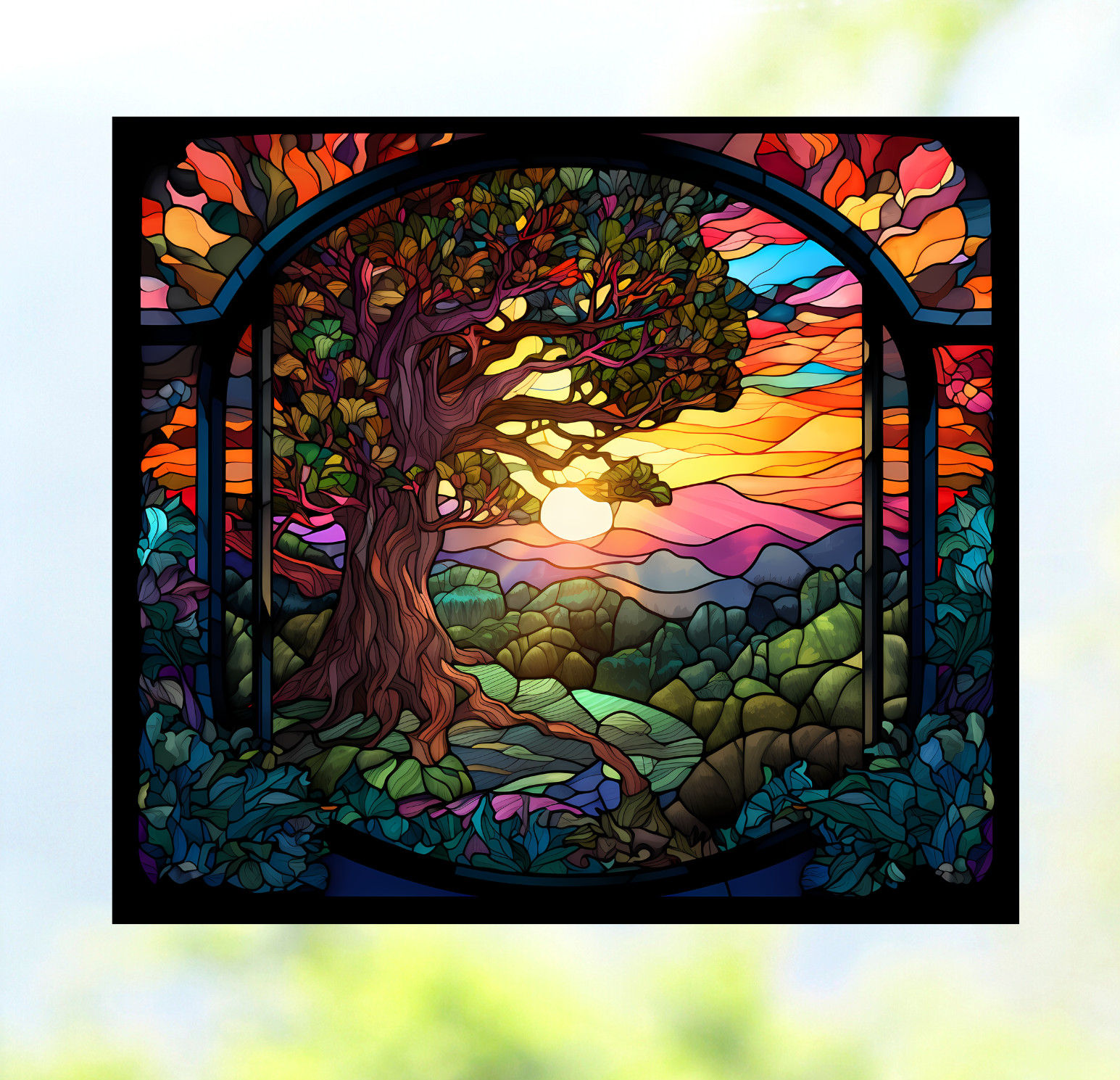 Tree at Sunset Faux Stained-Glass WINDOW CLING Size 9" Repositionable Vinyl