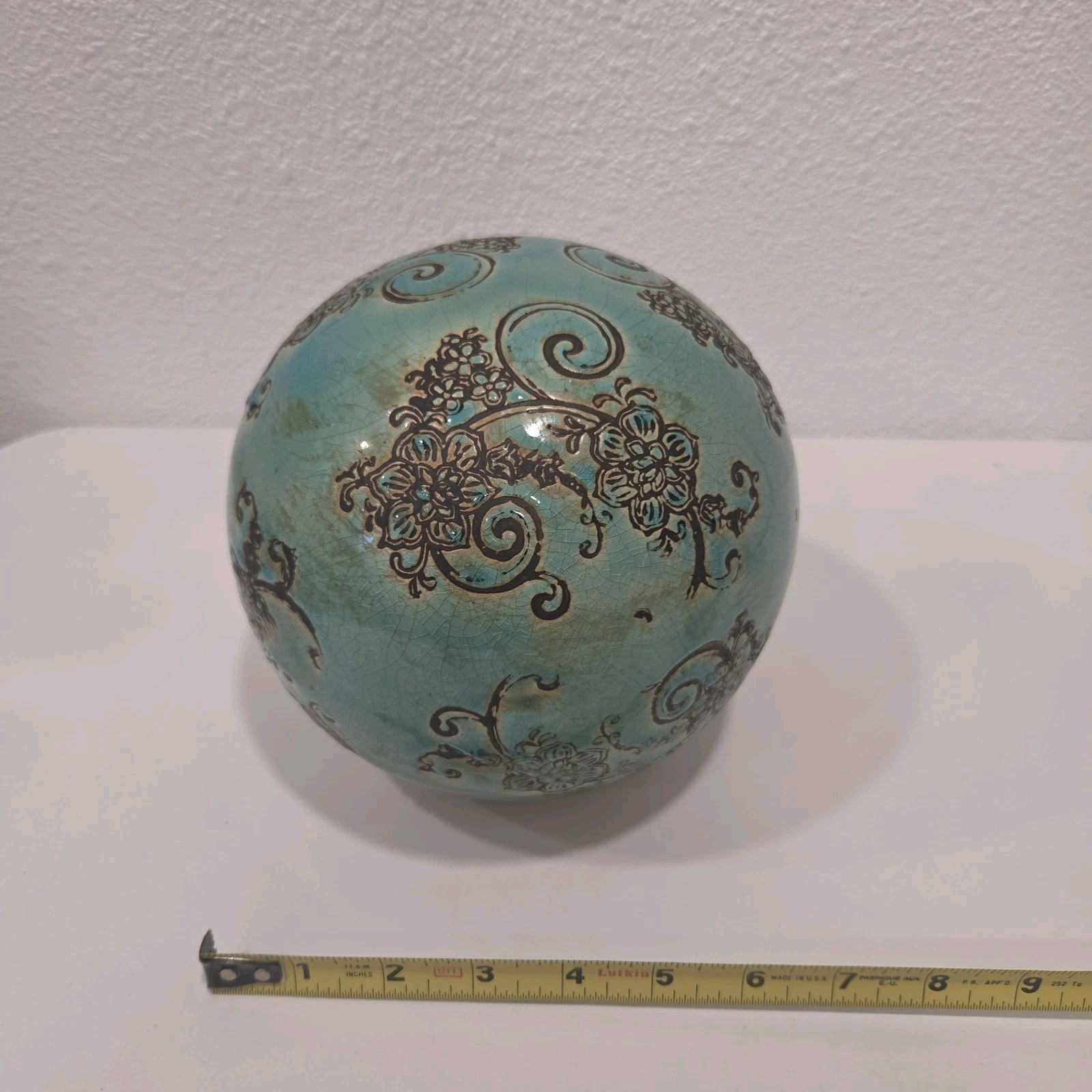 Vintage Turquoise Crackle Glaze Ceramic Decorative Orb Sphere 7” Floral Scroll