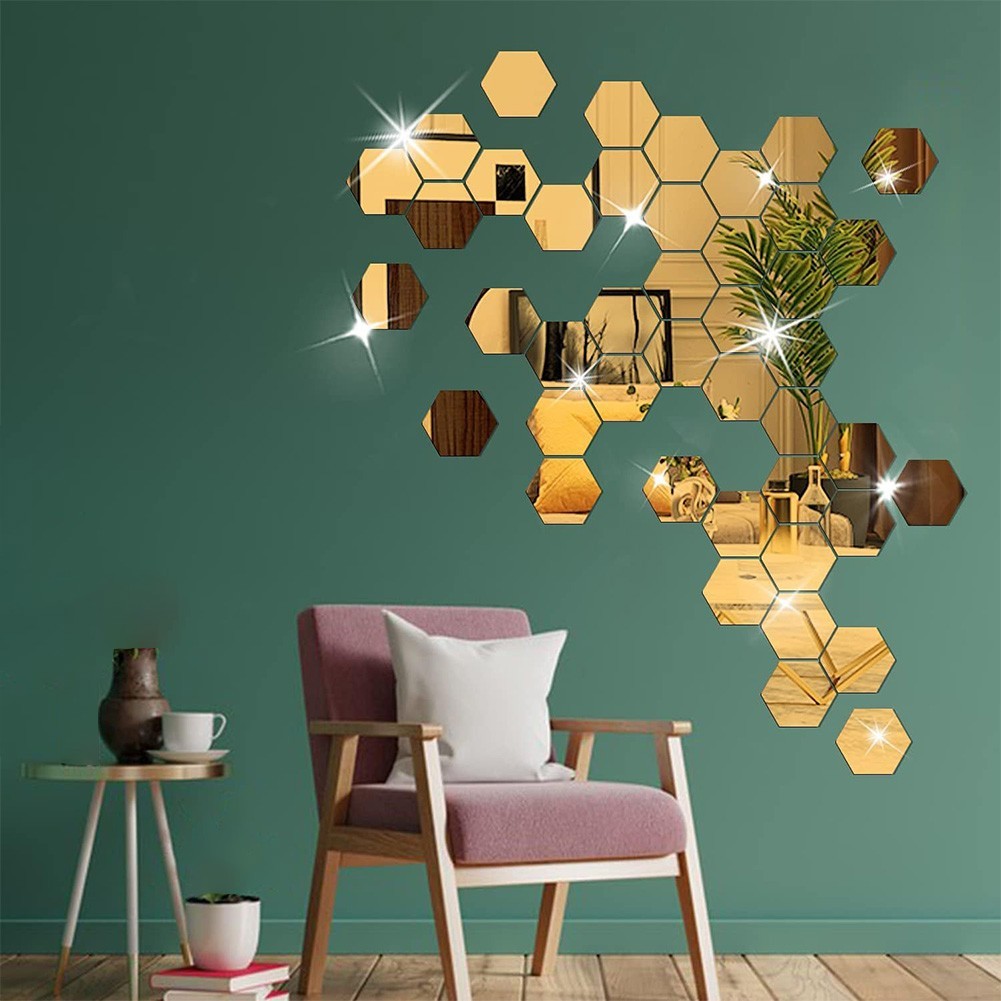Hexagonal Mirror Wall Panels Set 32 PCS DIY Acrylic Home Wall Decoration