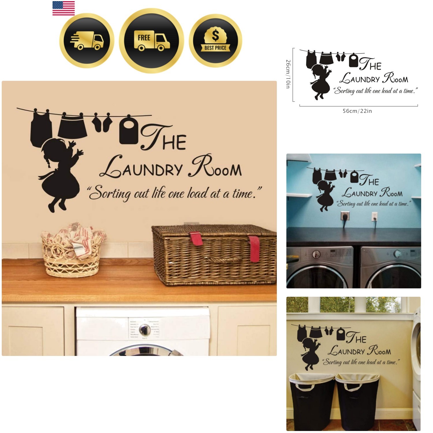 Laundry Room Sign Decals Peel and Stick Wall Lettering Vinyl Art Stickers for…