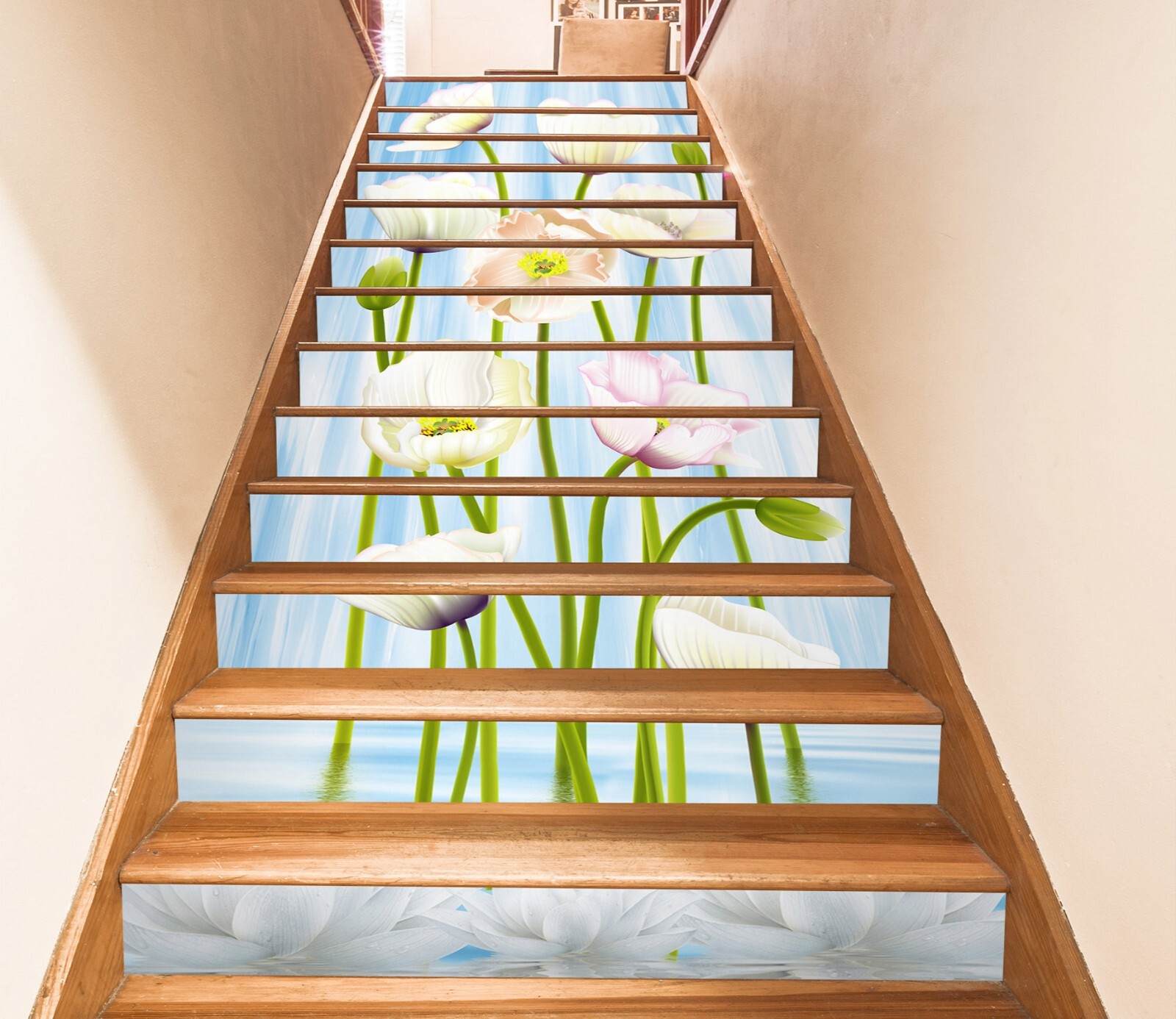 3D White Poppy 449 Stair Risers Decoration Photo Mural Vinyl Decal Wallpaper