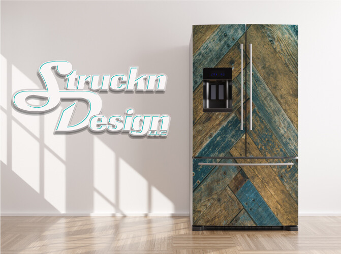 Rustic Blue Tan Wood Planks Barn Style Fridge Freezer Wrap Side Door Vinyl Decal