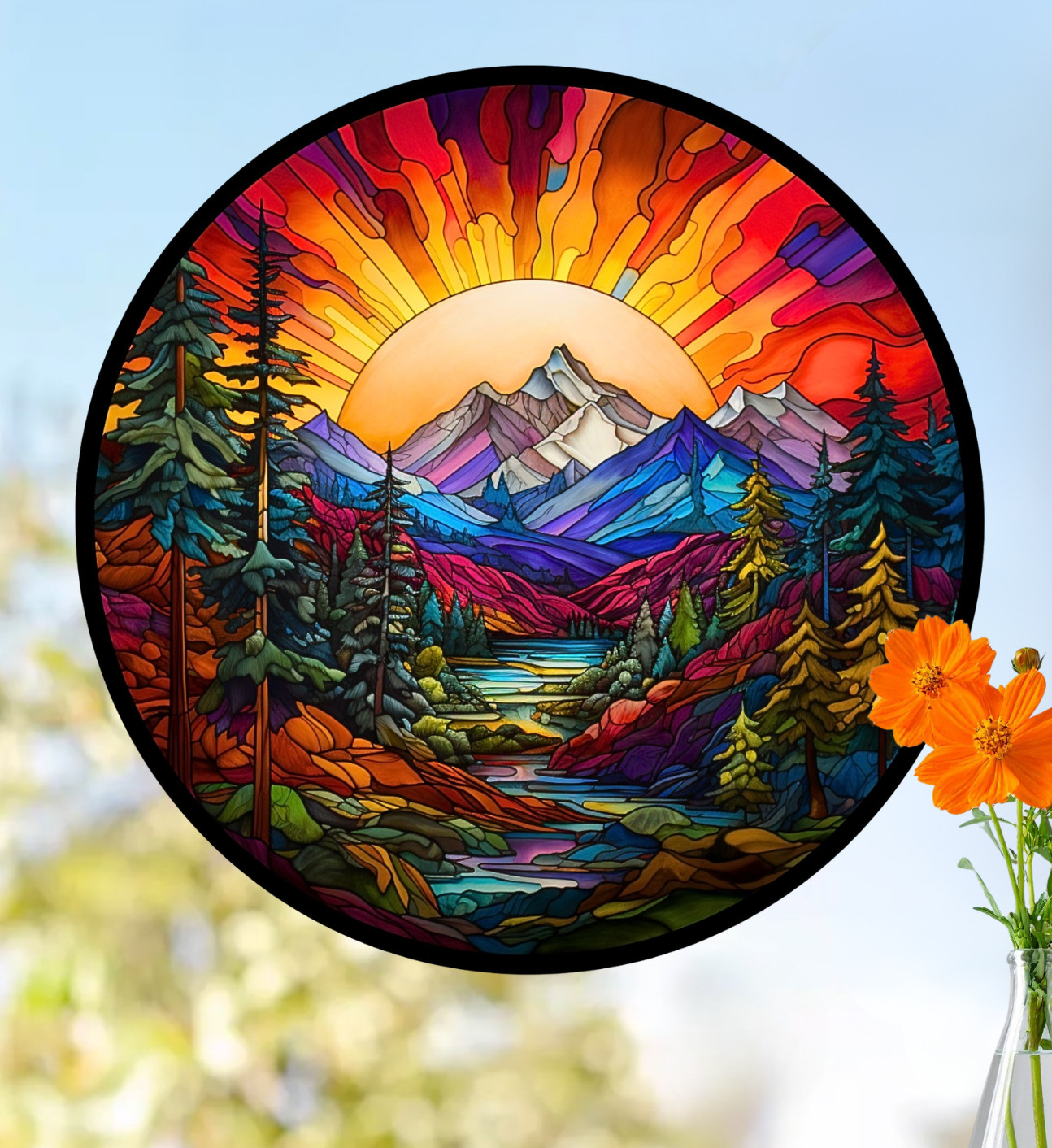 Sunset on Mountains & Trees Faux Stained-Glass WINDOW CLING Size 8" Round Vinyl