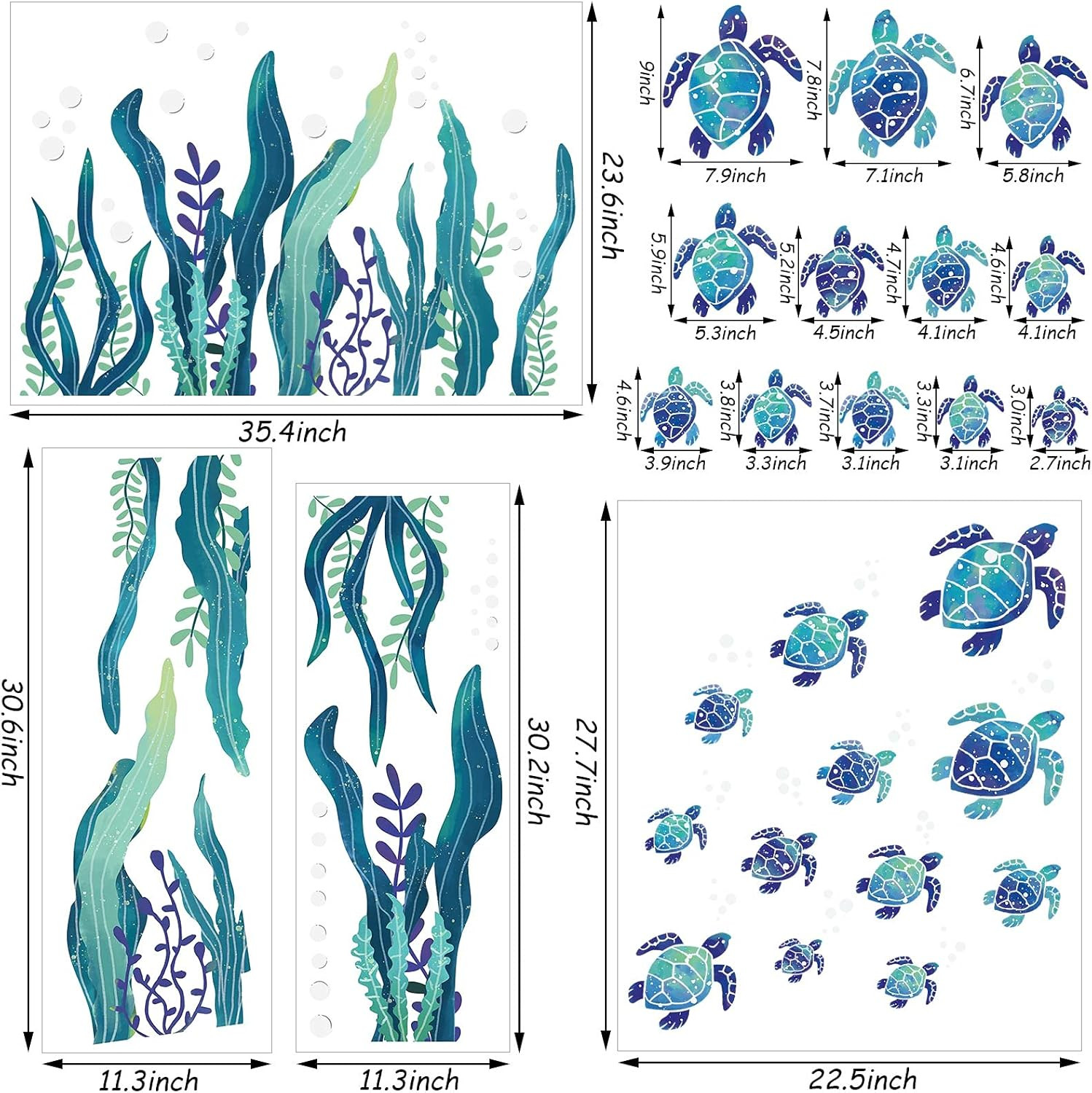 Sea Turtle Wall Decals 3D Ocean Grass Seaweed Stickers under the Sea Wall Decals