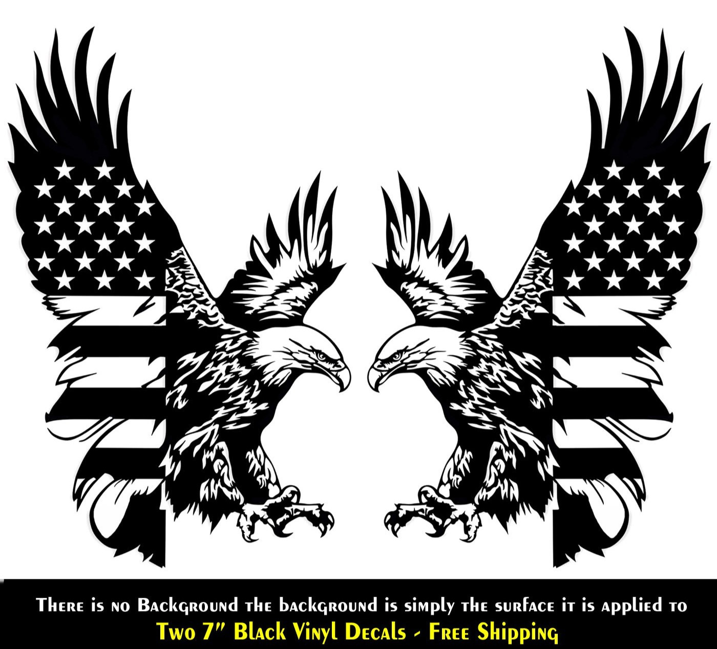 Bald Eagle American Flag Two 7" Black Vinyl Decals Car Truck Bumper Trunk Door