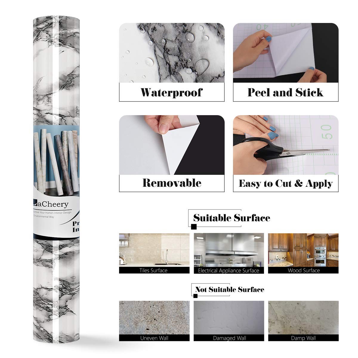 LaCheery White and Gray Marble Contact Paper for Bathroom Countertops Removab…
