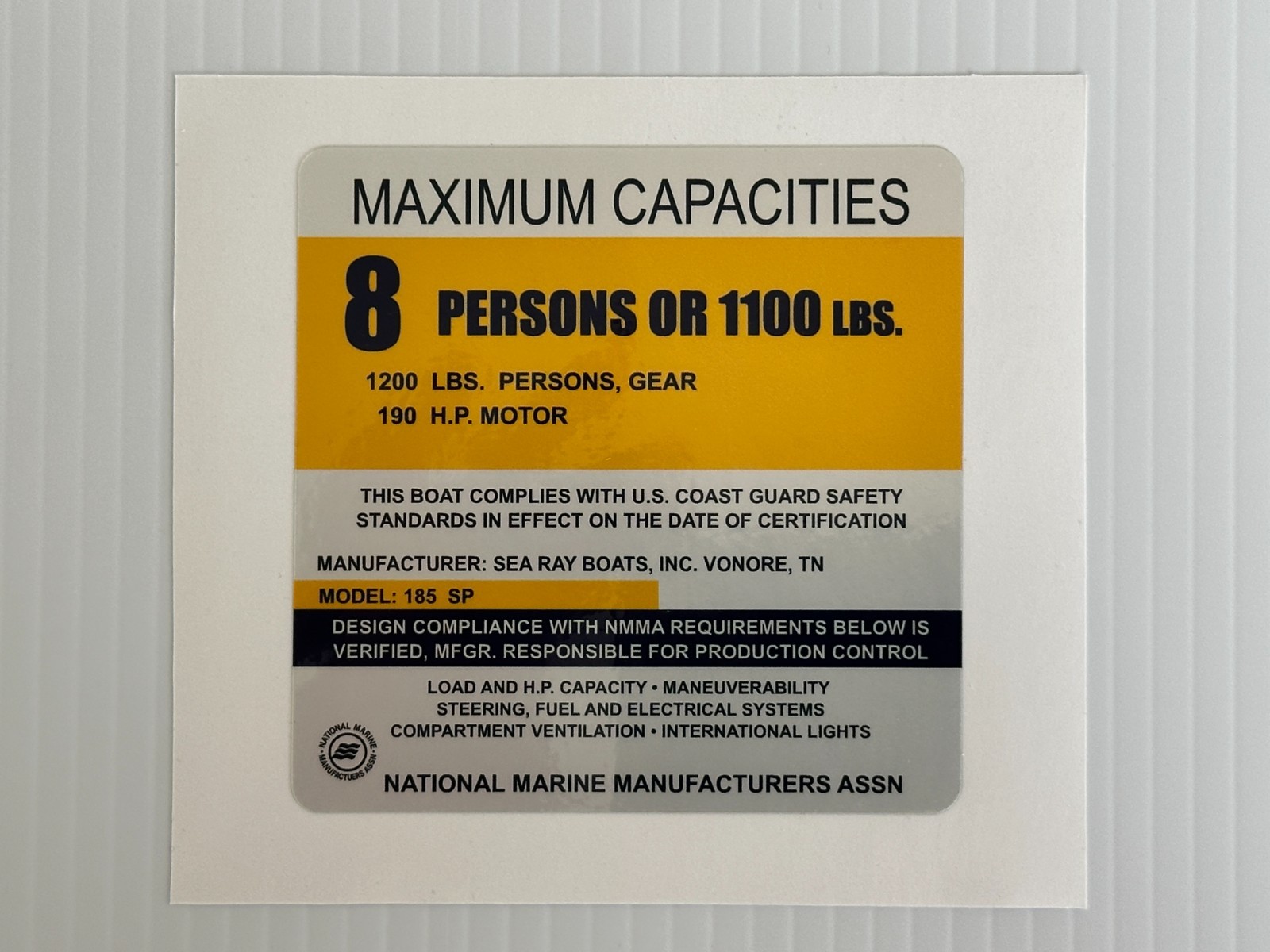 Sea Ray 185 Sport Capacity Plate Sticker – Replacement Decal – Same Day Shipping