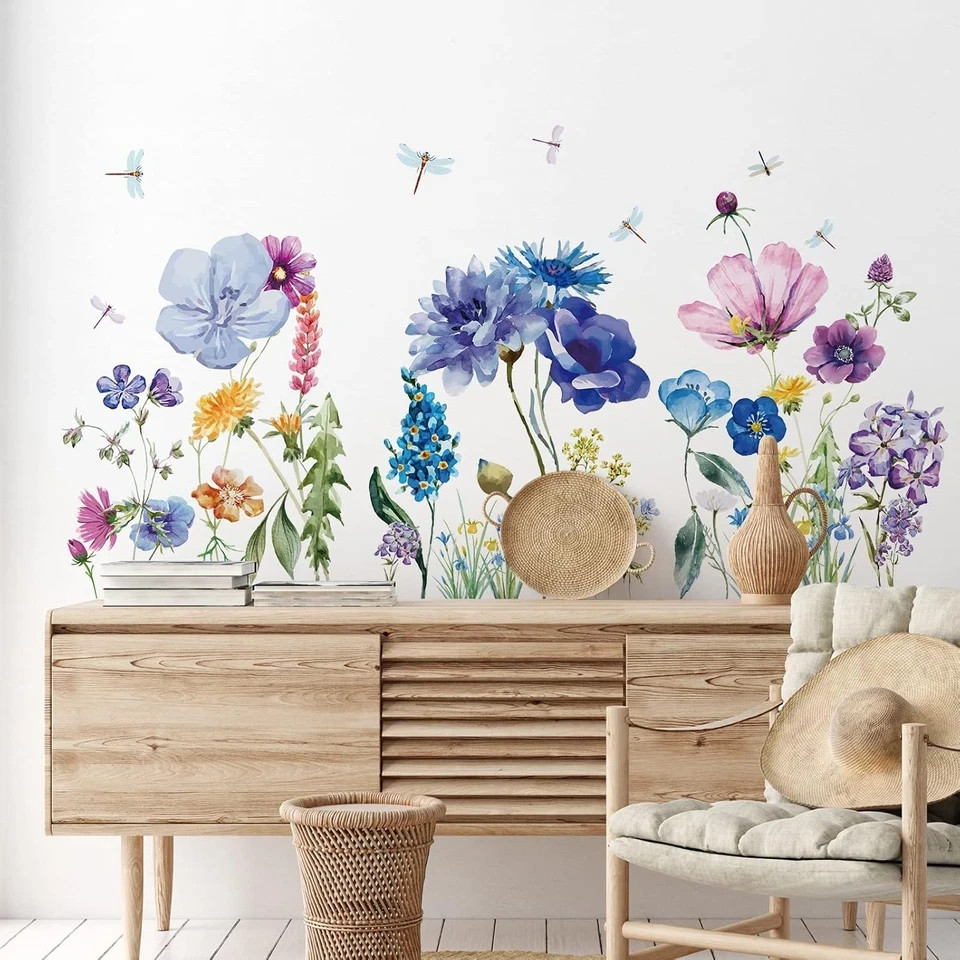 6 Pcs Flowers Wall Decals Stickers Vinyl Removable Peel and Stick Colorful Drago
