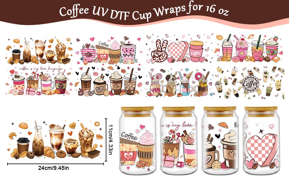 Coffee UV DTF Cup Wraps – 8 Sheets Coffee UVDTF Decals for 16 oz Glass Cups,