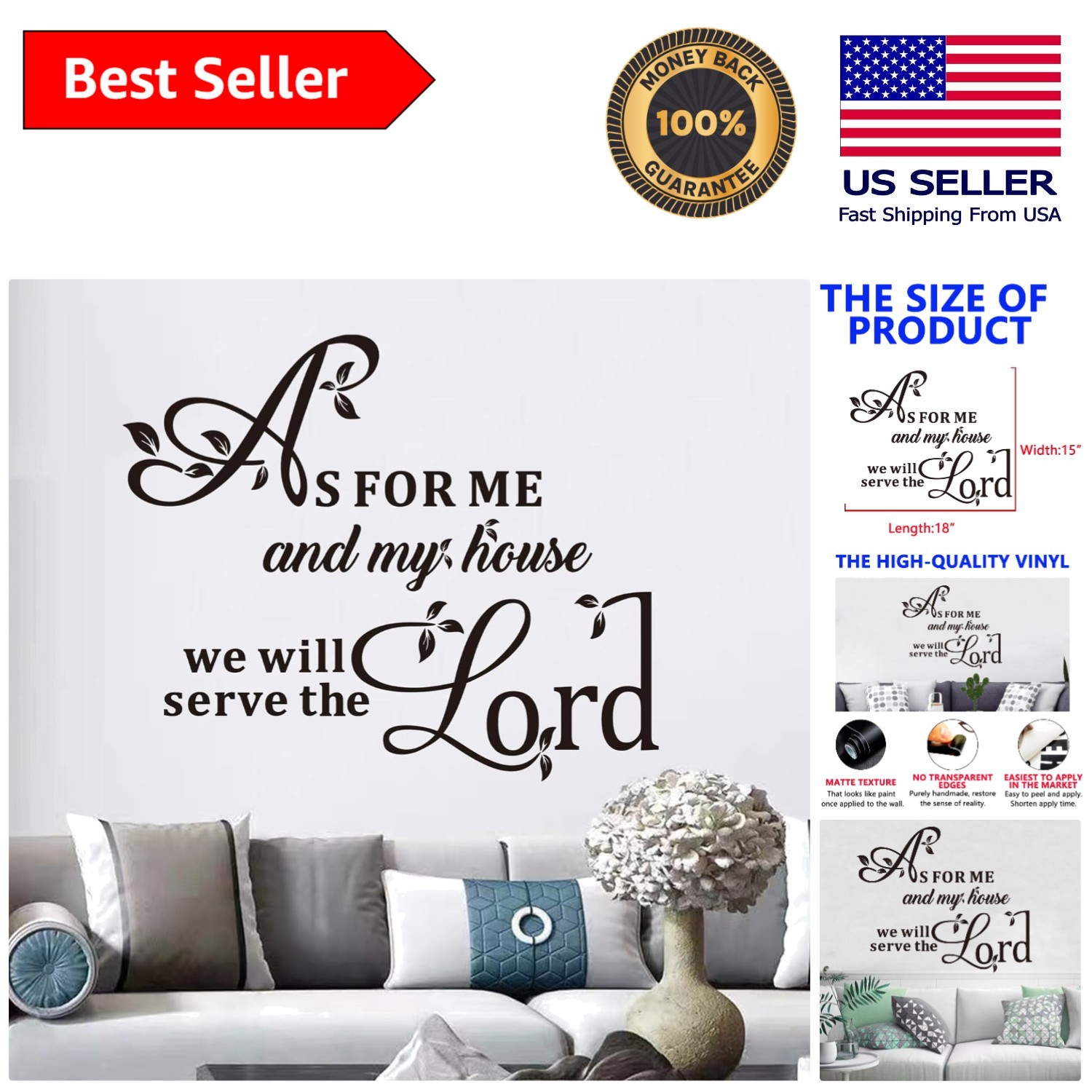As For Me And My House Vinyl Art Wall Stickers – Waterproof, Removable 18" x 15"