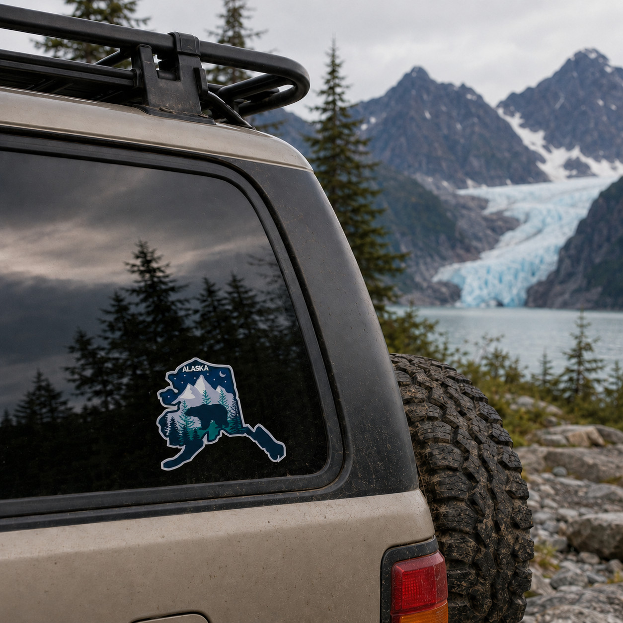 Alaska Vinyl Sticker 4×3.5in – Waterproof with Night Sky Bear and Mountains